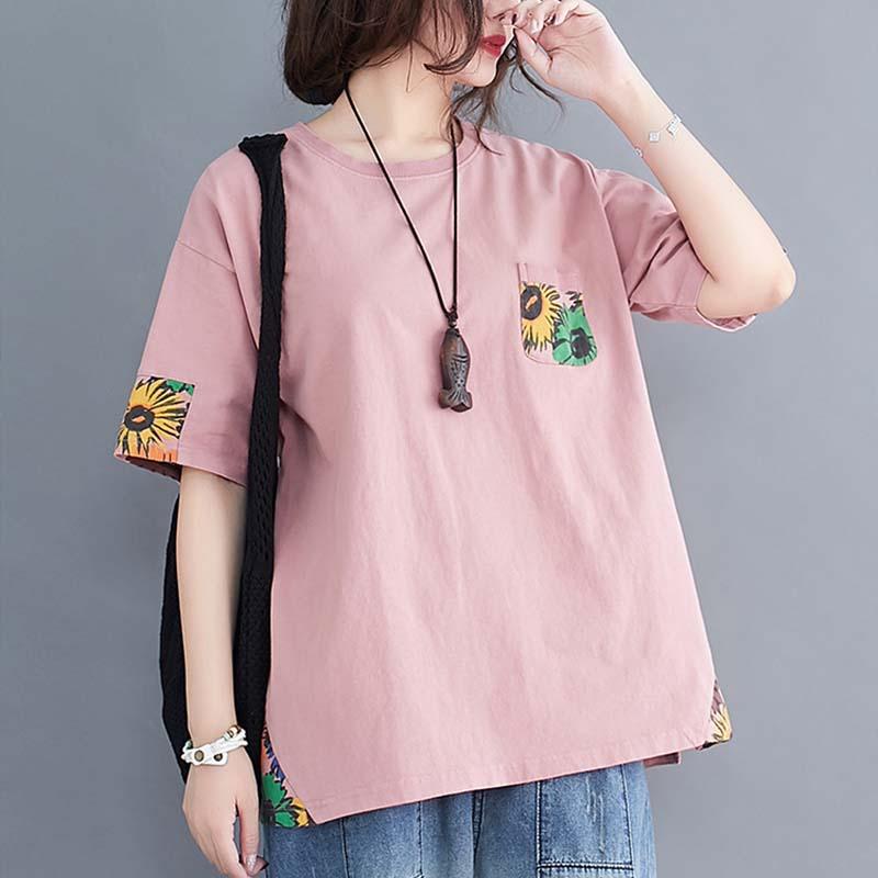 Summer Loose Floral Pocket Cotton T-Shirt