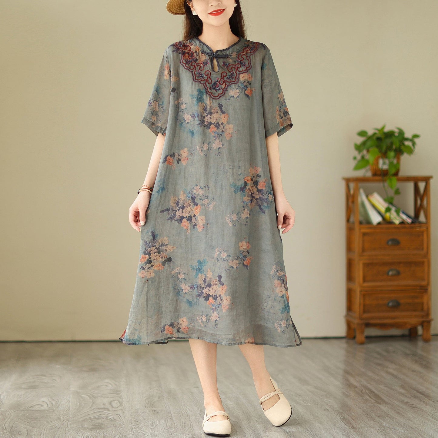 Summer Retro Linen Embroidery Casual Dress