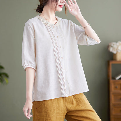 Summer Retro Loose Half Sleeve Linen Blouse