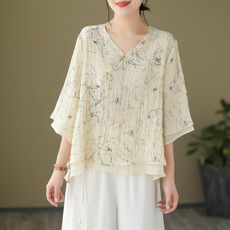 Summer Retro Print Loose Linen Blouse