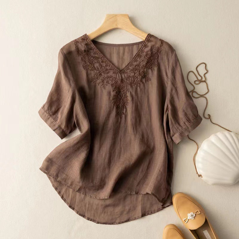 Summer V- Neck Embroidered Cotton Linen Blouse for Women