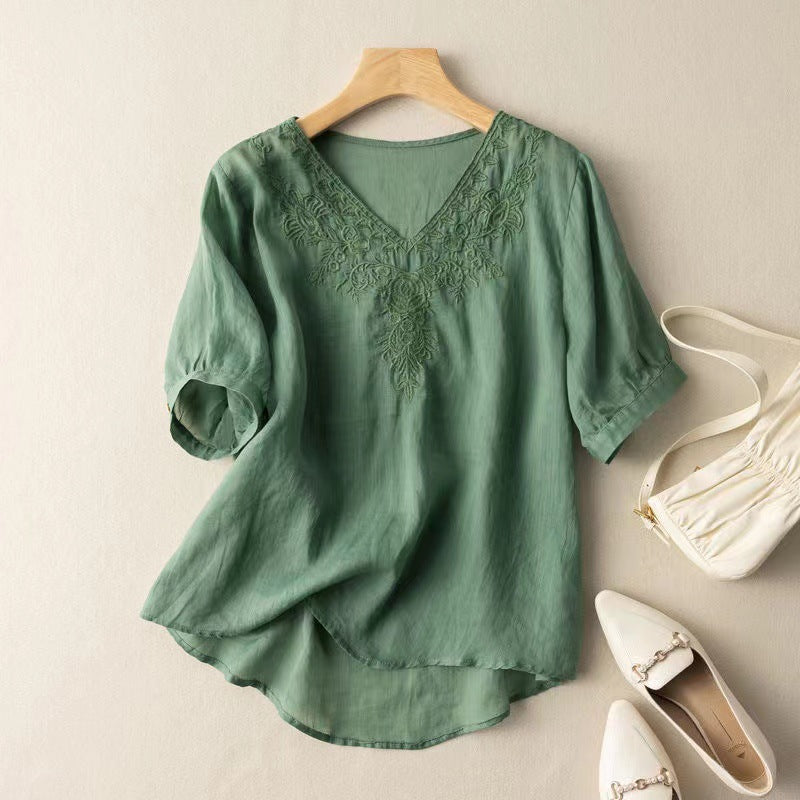 Summer V- Neck Embroidered Cotton Linen Blouse for Women