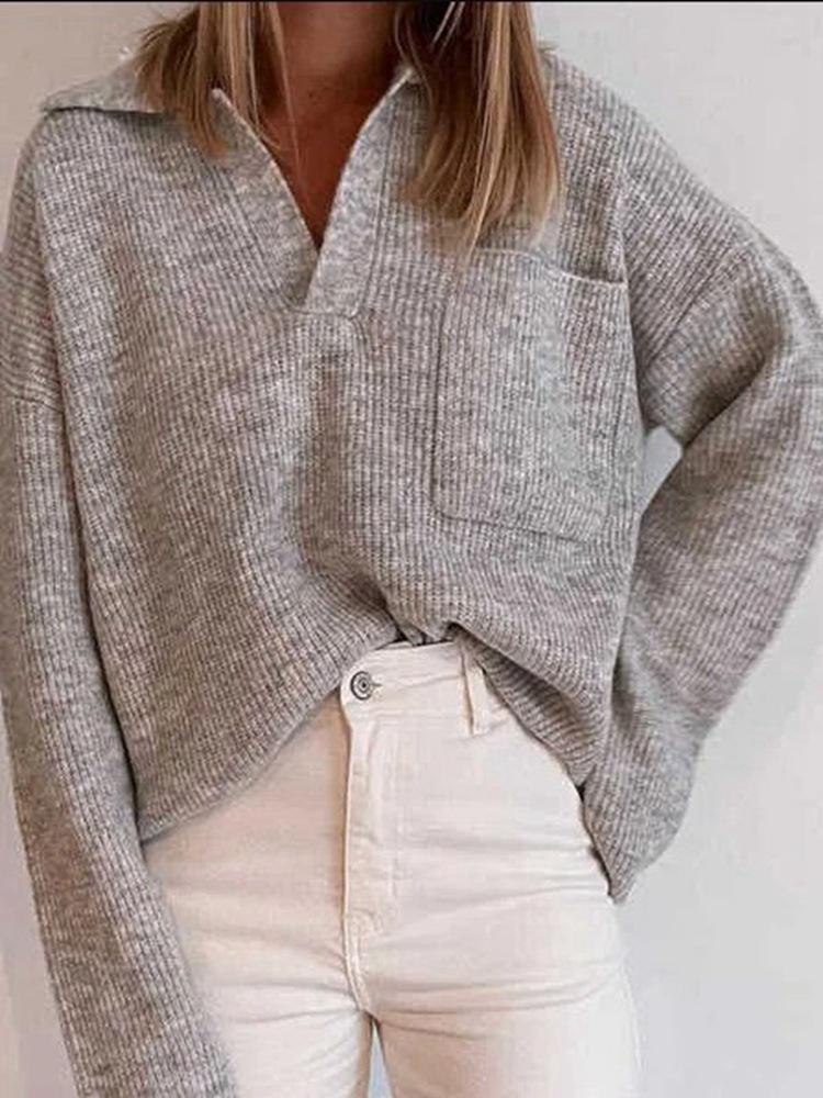 Women's Sweaters Loose Solid Lapel Pocket Long Sleeve Sweater - LuckyFash™