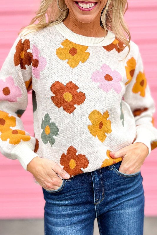 Sweet Flower Knitted Ribbed Hem Sweater - Sweaters & Cardigans - Sunny Angela