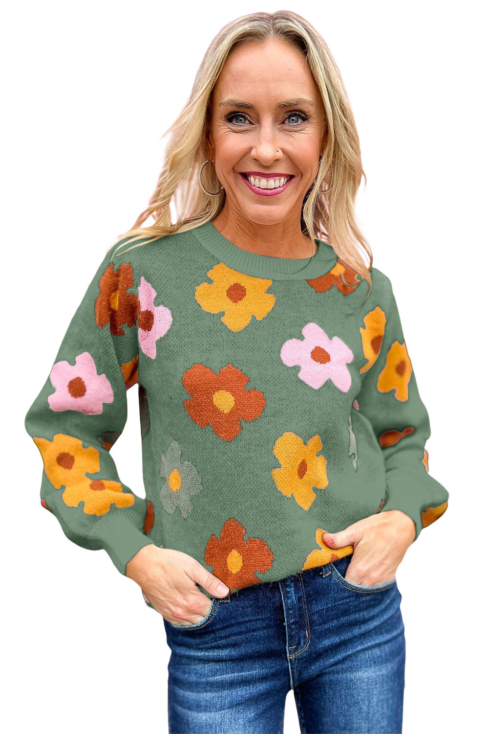 Sweet Flower Knitted Ribbed Hem Sweater - Sweaters & Cardigans - Sunny Angela