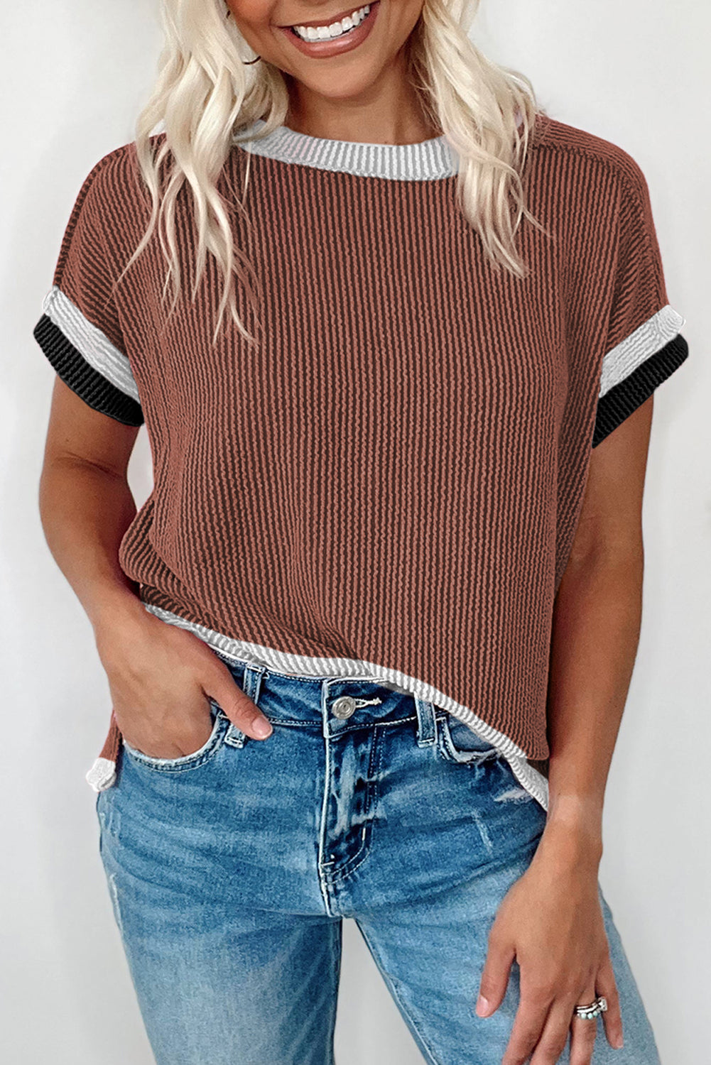 Textured Contrast Trim Round Neck T Shirt - Tops & Tees - Sunny Angela