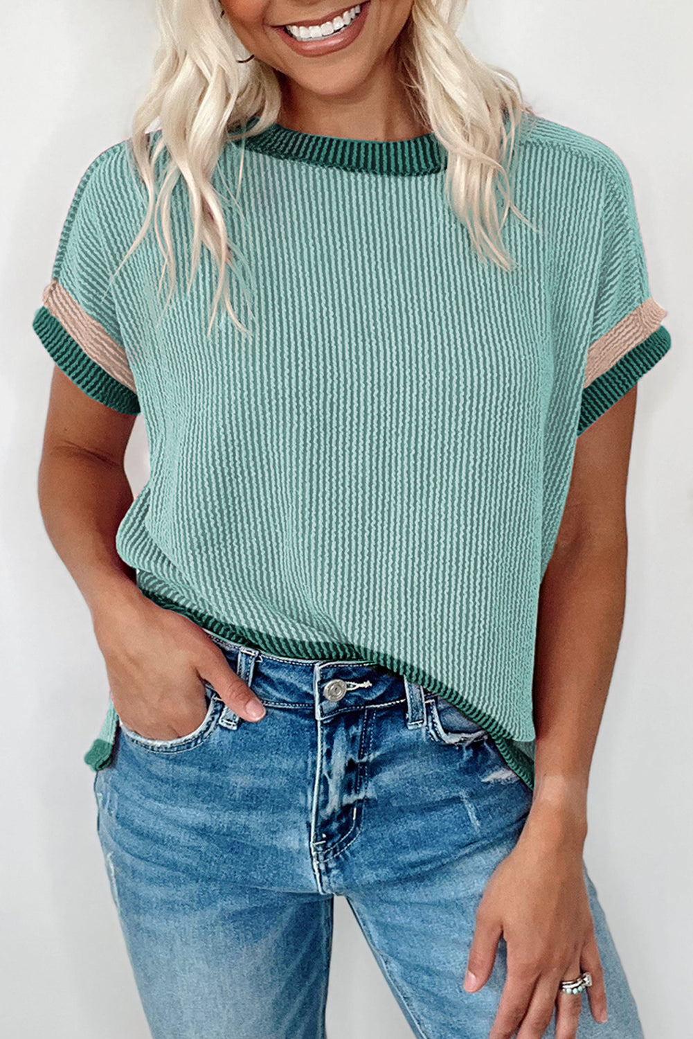 Textured Contrast Trim Round Neck T Shirt - Tops & Tees - Sunny Angela