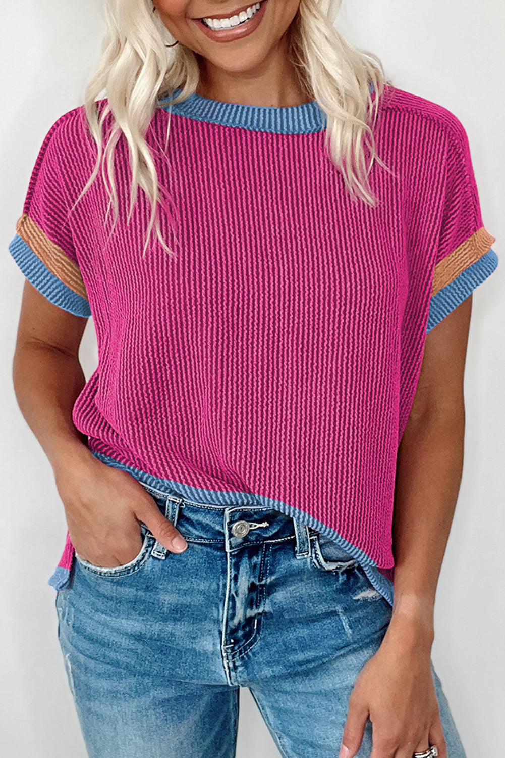 Textured Contrast Trim Round Neck T Shirt - Tops & Tees - Sunny Angela