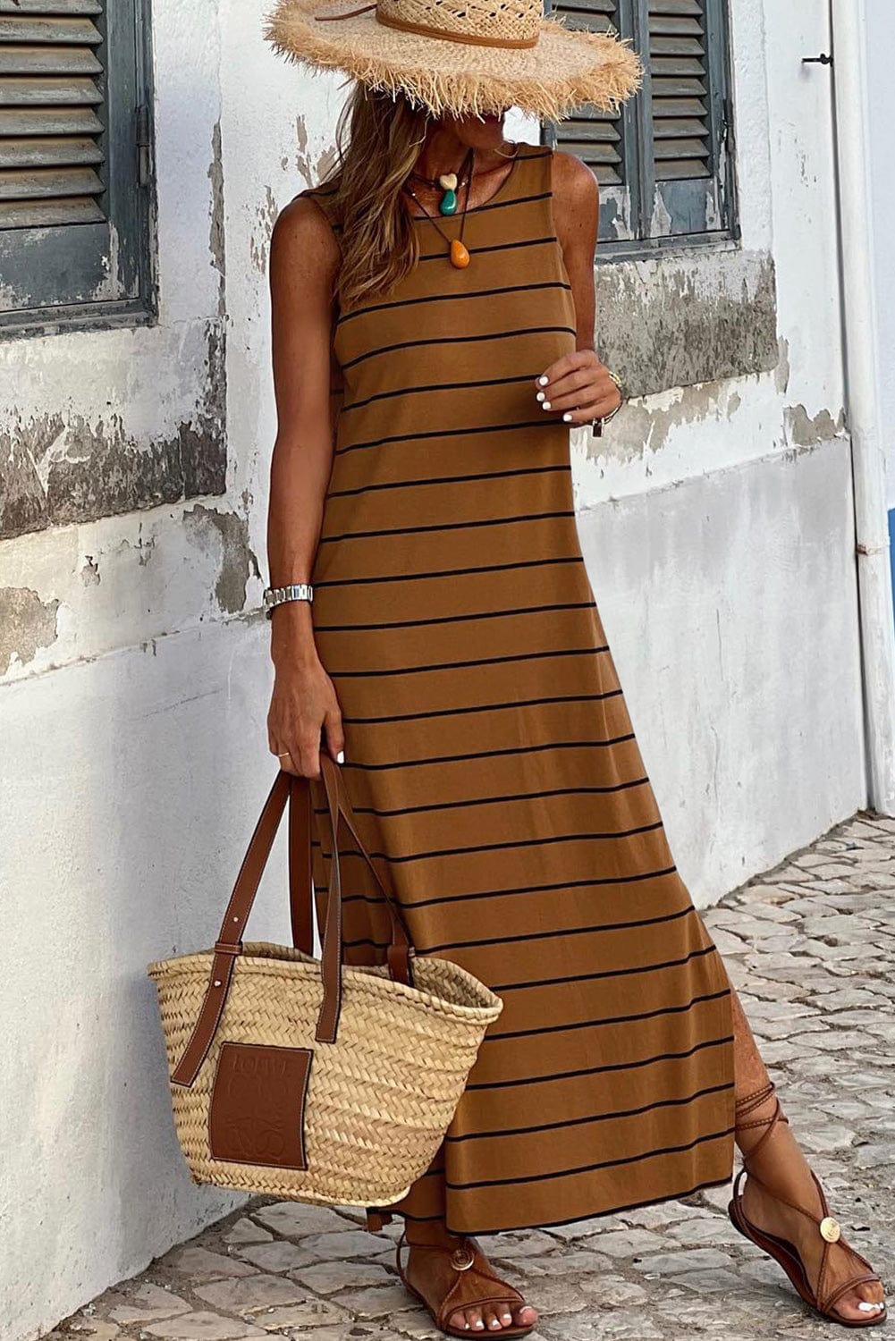 The802Gypsy  Dresses Khaki Stripe Print Open Back Sleeveless Maxi Dress with Slits