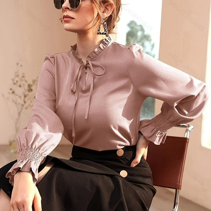 Tie Front Ruffle Trim Blouse, Elegant Solid Long Sleeve Blouse, Womens Clothing - Shop & Buy