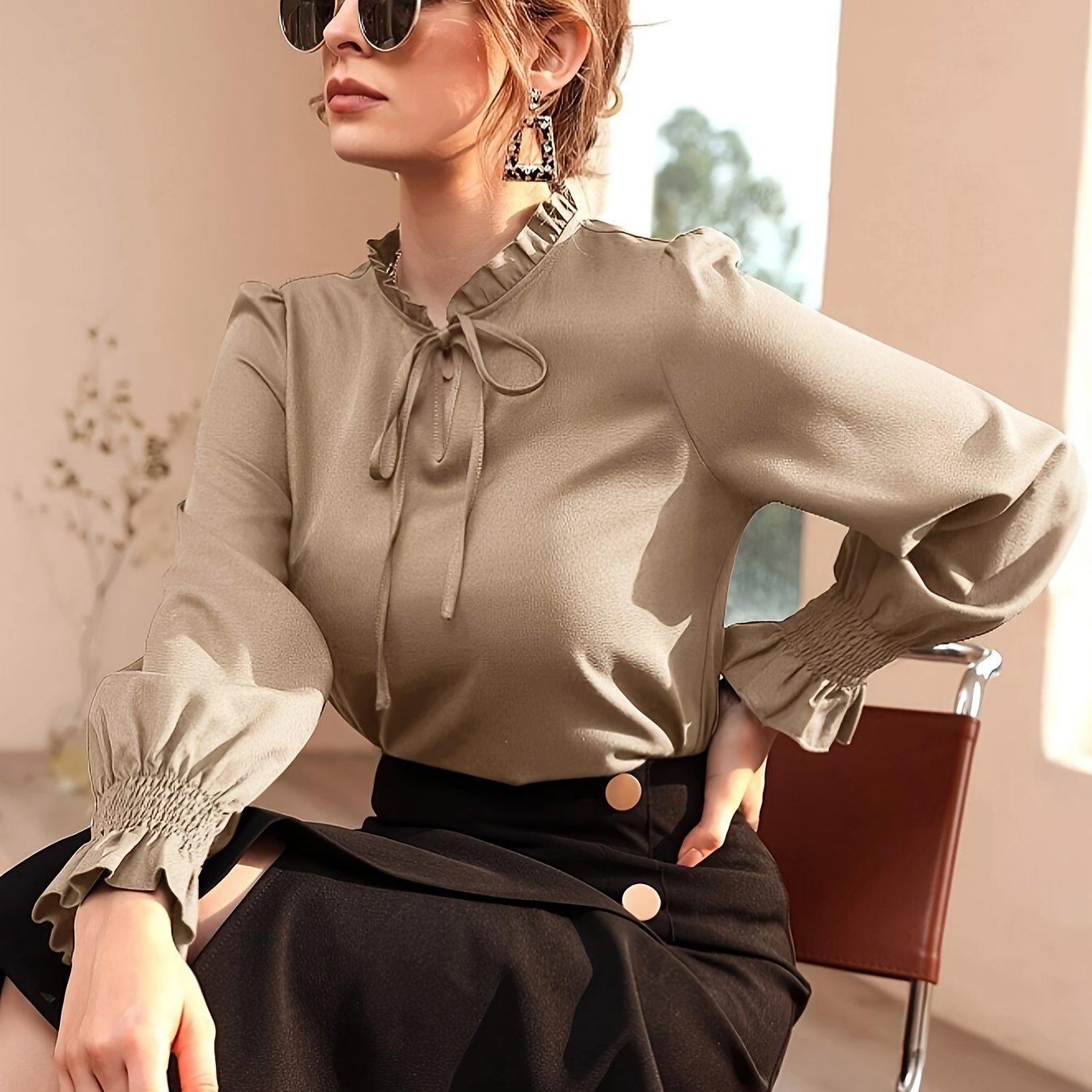 Tie Front Ruffle Trim Blouse, Elegant Solid Long Sleeve Blouse, Womens Clothing - Shop & Buy