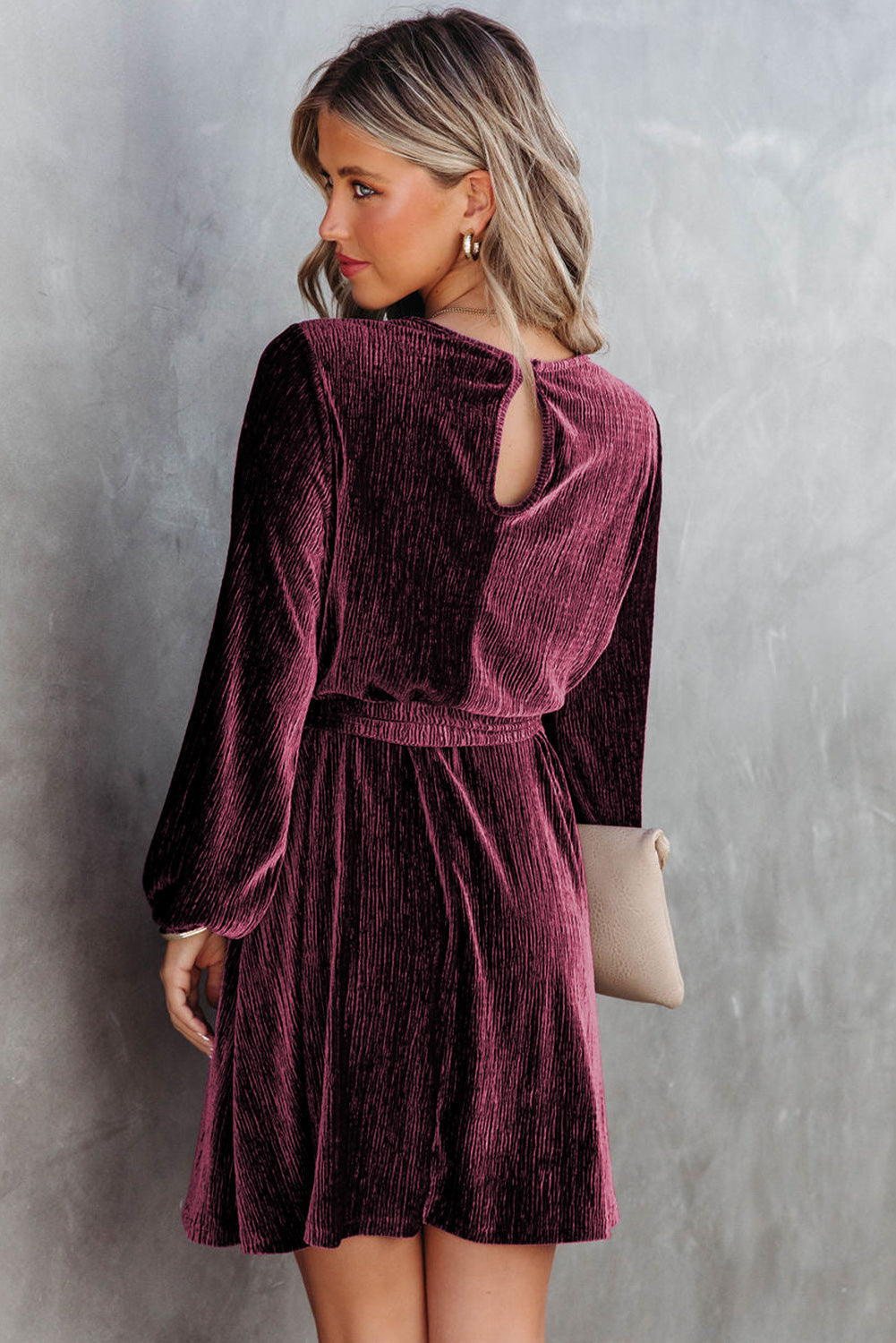 Tie Waist Crinkle Velvet Dress - Mini Dresses - Sunny Angela