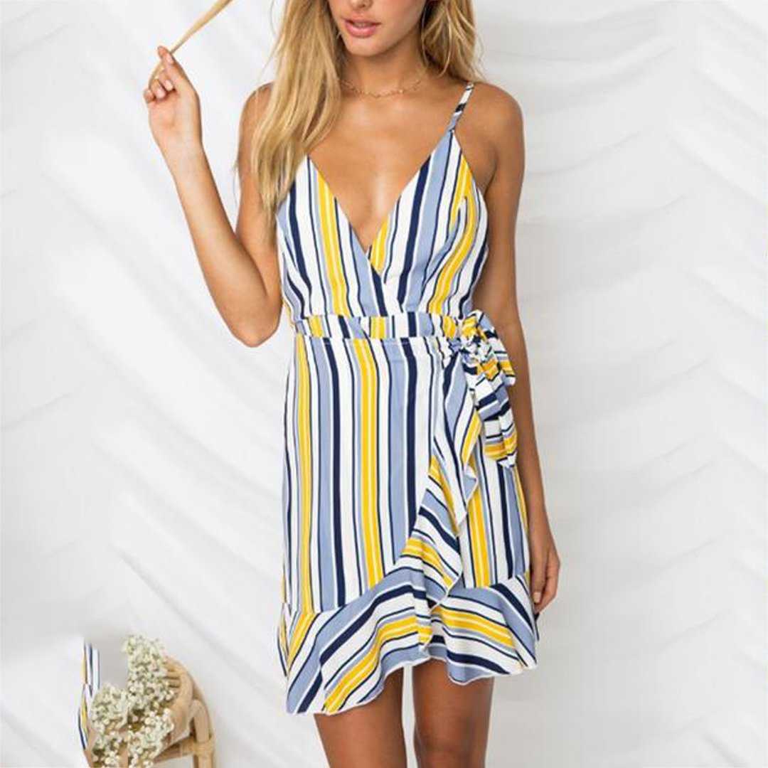 Colorful Striped Tie Waist Frill Wrap Short Ruffle Dress