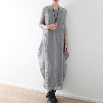 top quality light gray long cotton linen dresses oversize O neck Jacquard traveling clothing casual two-pieces kaftans - Omychic