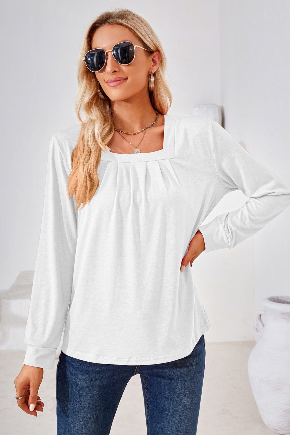 Trendsi top Gypsy Space Square Neck Ruched Long Blouse