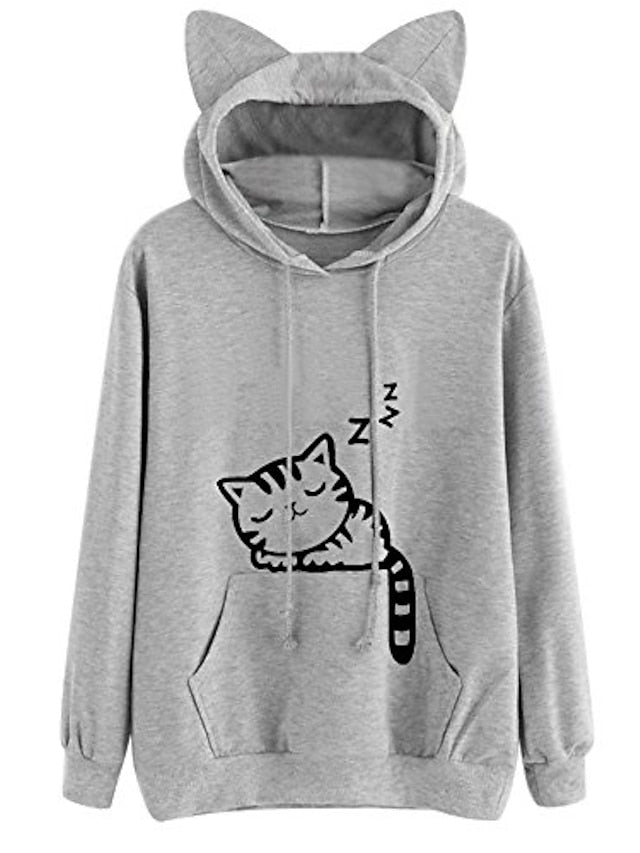 women's cute cat ear printed long sleeve hoodies casual loose hooded sweatshirts sweaters pullover tops shirts gray - LuckyFash™