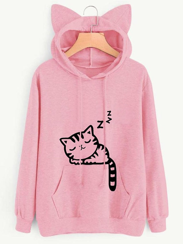 women's cute cat ear printed long sleeve hoodies casual loose hooded sweatshirts sweaters pullover tops shirts gray - LuckyFash™