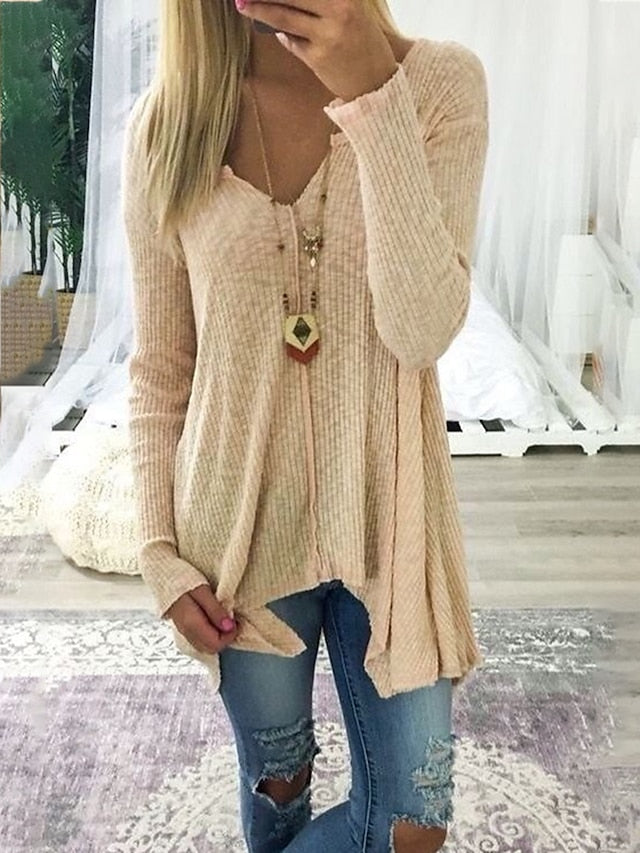 Women's Pullover Sweater Knitted Solid Color Basic Casual Long Sleeve Sweater Cardigans V Neck Fall Winter Spring Blue Blushing Pink Gray - LuckyFash™