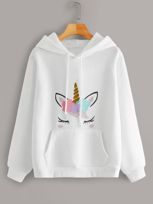 Unicorn Print Kangaroo Pocket Drawstring Hoodie - MsDressly