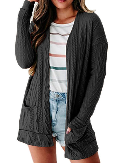 Women's Cardigan Sweater Jumper Cable Knit Pocket Solid Color Open Front Stylish Casual Daily Going out Summer Spring Black Wine S M L - LuckyFash™