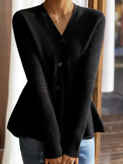 V Neck Long Sleeve Ribbed Pullover Knitted Peplum Sweater