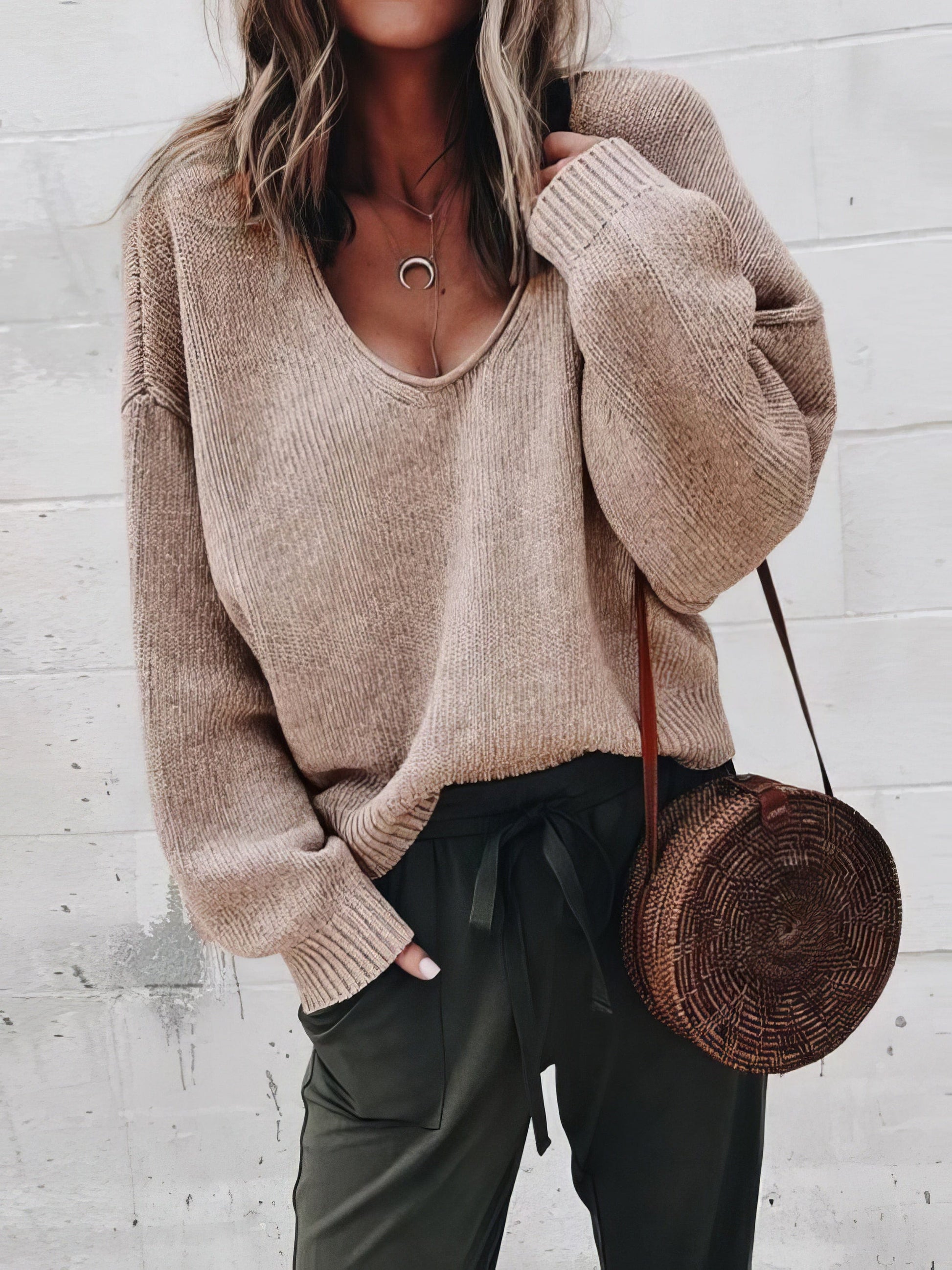 V-Neck Long Sleeve Solid Loose Knit Sweater