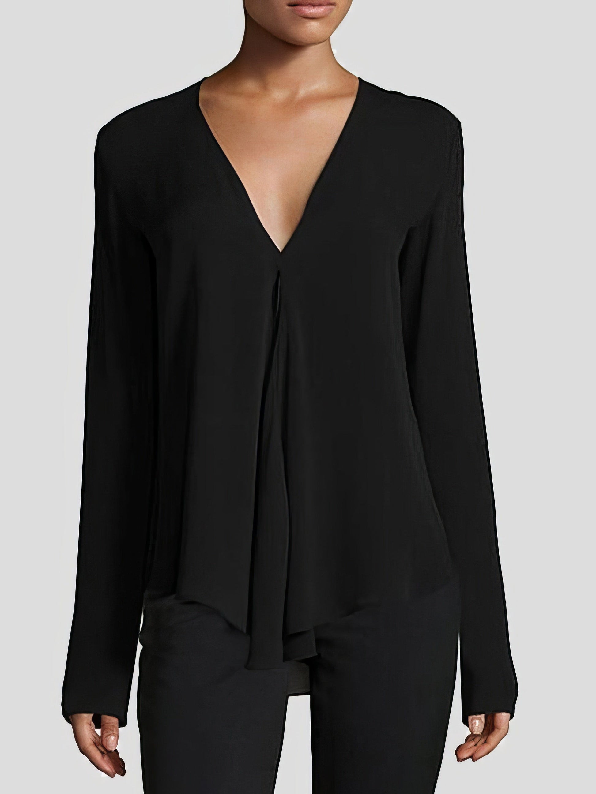 V-neck Long-sleeved Chiffon Solid Blouse - Drop Shoulder - Closed - Shirt