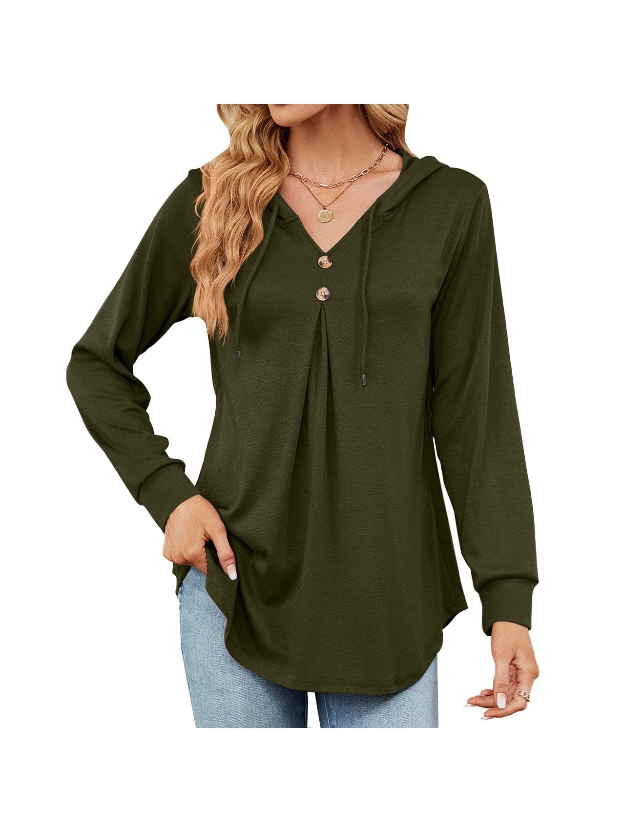 V-neck solid color button drawstring long-sleeved loose T-shirt sweatshirt