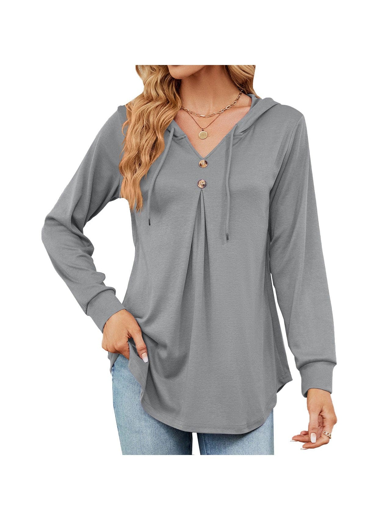 V-neck solid color button drawstring long-sleeved loose T-shirt sweatshirt