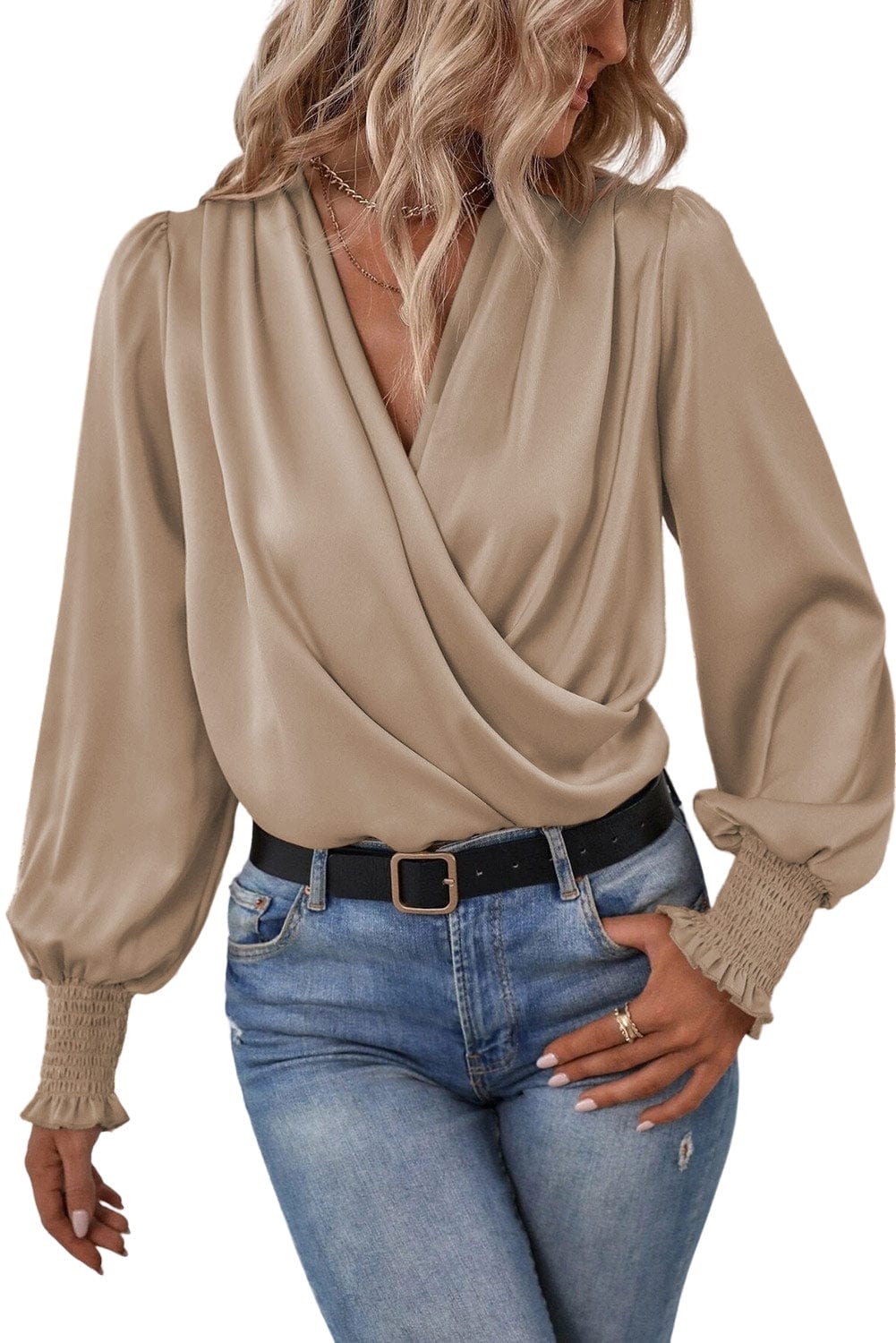 V-Neck Solid Temperament Long Sleeve Blouse