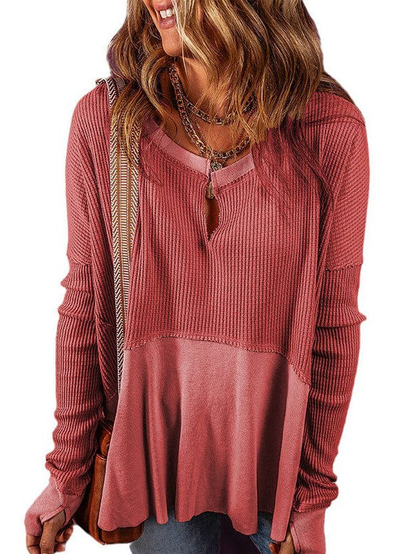 Versatile Waffle Texture V-Neck Pullover Sweatshirt for Women