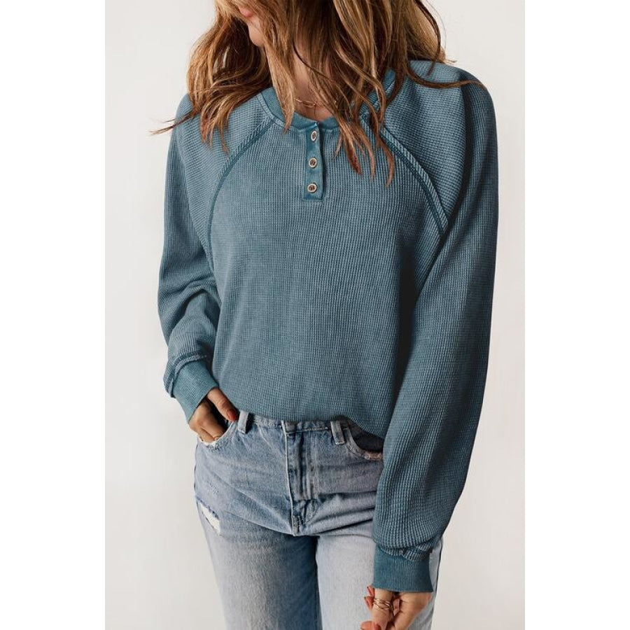 Waffle Knit Raglan Sleeve Henley Sweatshirt French Blue / S Clothing