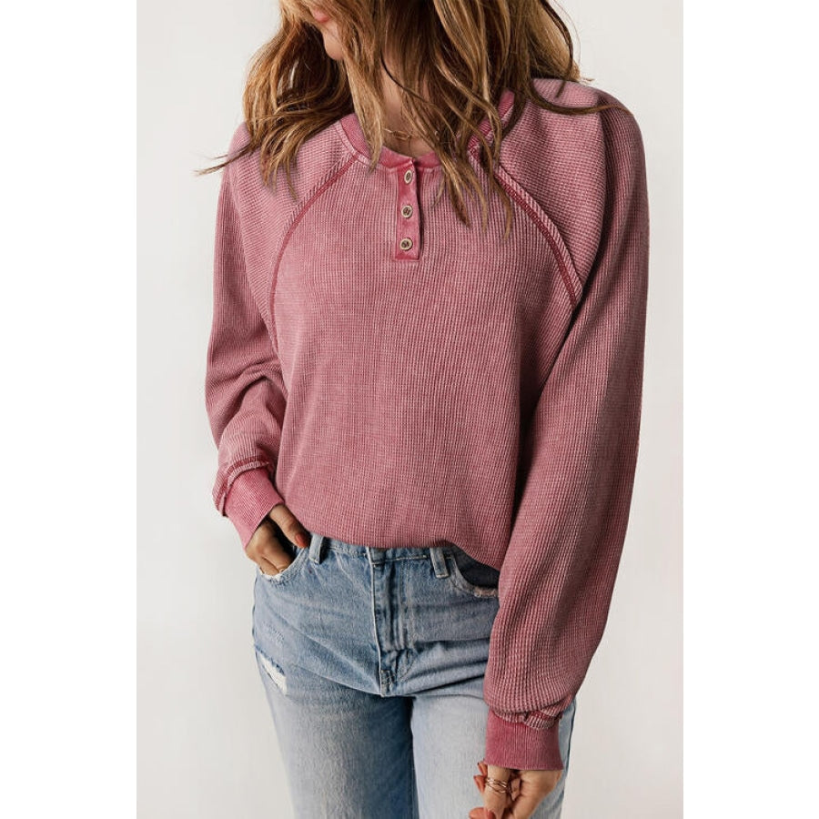 Waffle Knit Raglan Sleeve Henley Sweatshirt Clothing