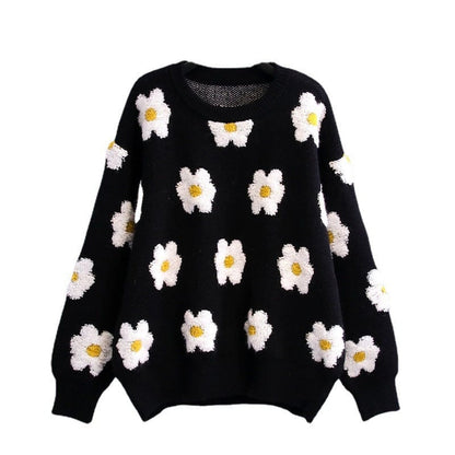 WindMind Autumn Winter Casual Little Daisy Embroidered Black White Contrast Color round Neck Long Sleeved Pullover