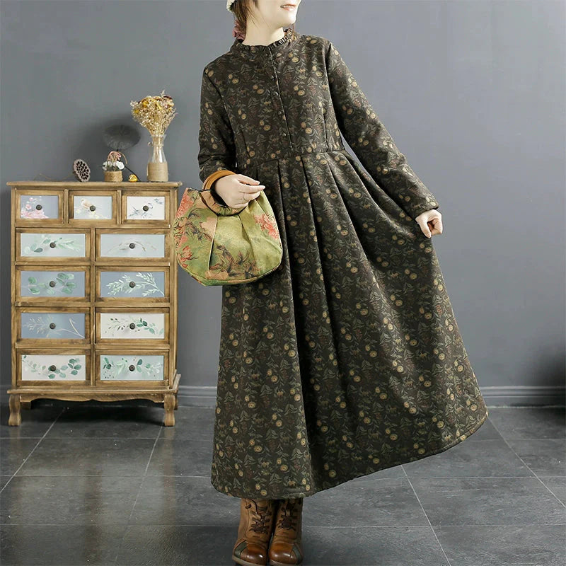 Winter Loose Retro Floral Print Furred Casual Dress