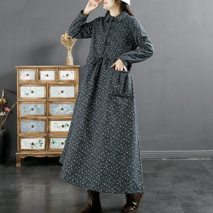 Winter Retro Furred Cotton Linen Floral Dress