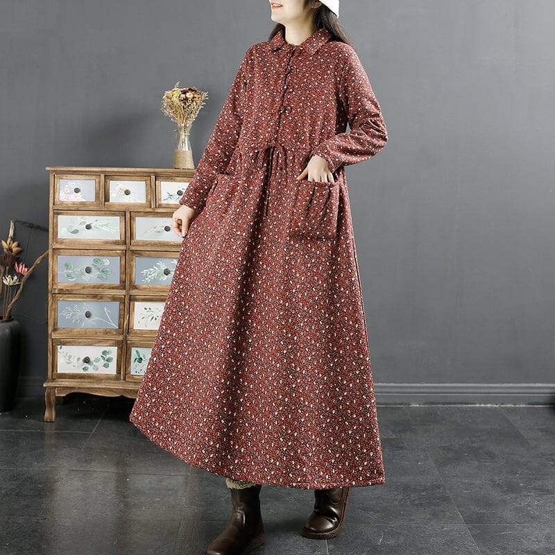 Winter Retro Furred Cotton Linen Floral Dress