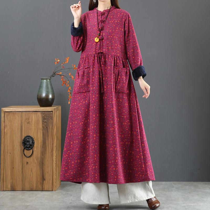 Winter Thick Plush Floral Retro Cotton Linen Dress