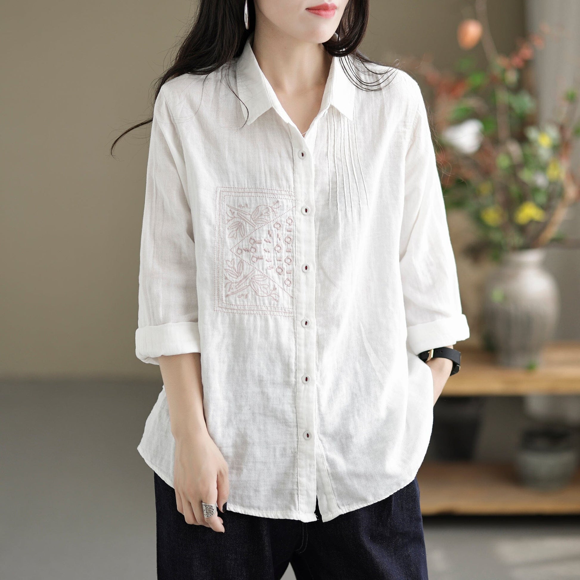 Women Autumn Casual Embroidery Long Sleeve Blouse