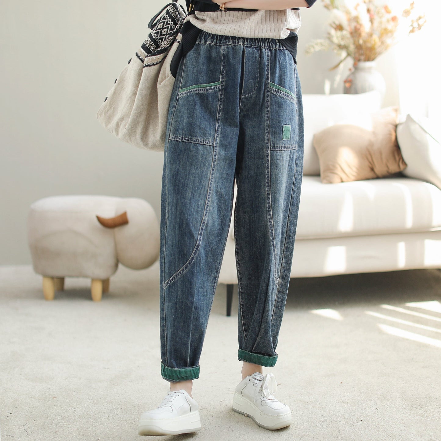 Women Autumn Patchwork Casual Loose Jeans