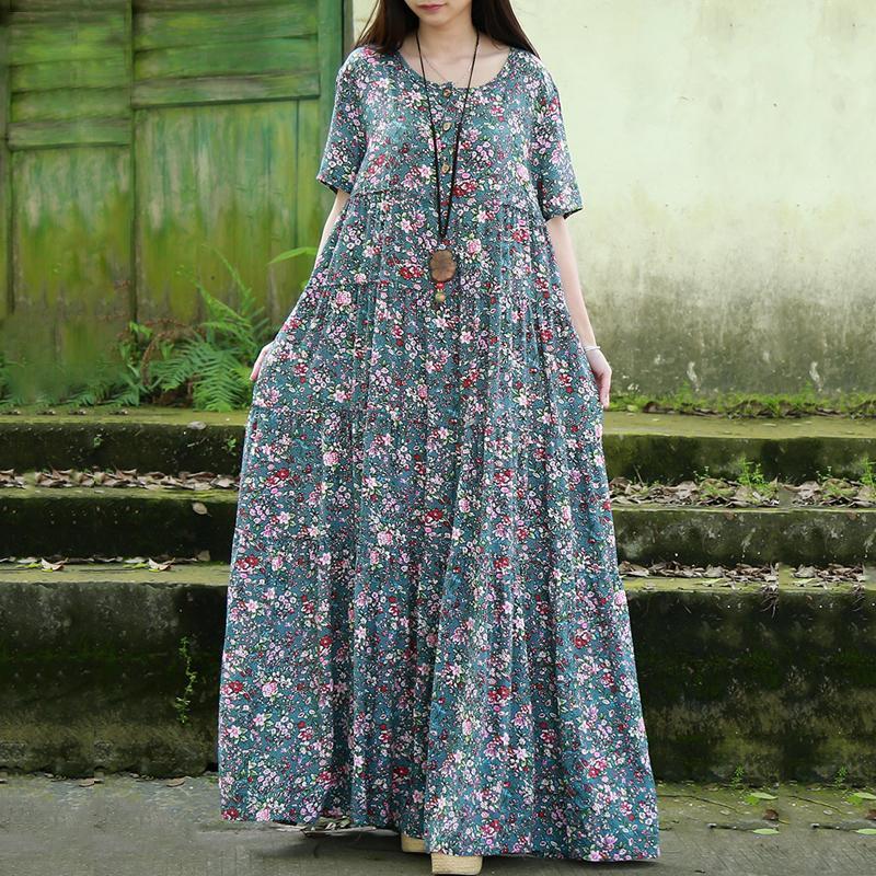 Women Crew Neck Floral Button Front Maxi Short Sleeve Dress