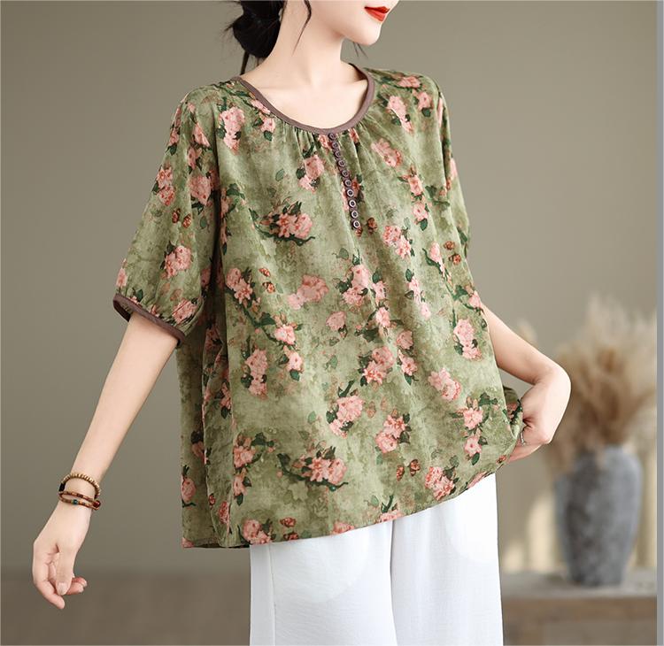 Women Floral Printed Ruffled Cotton Linen Blouses