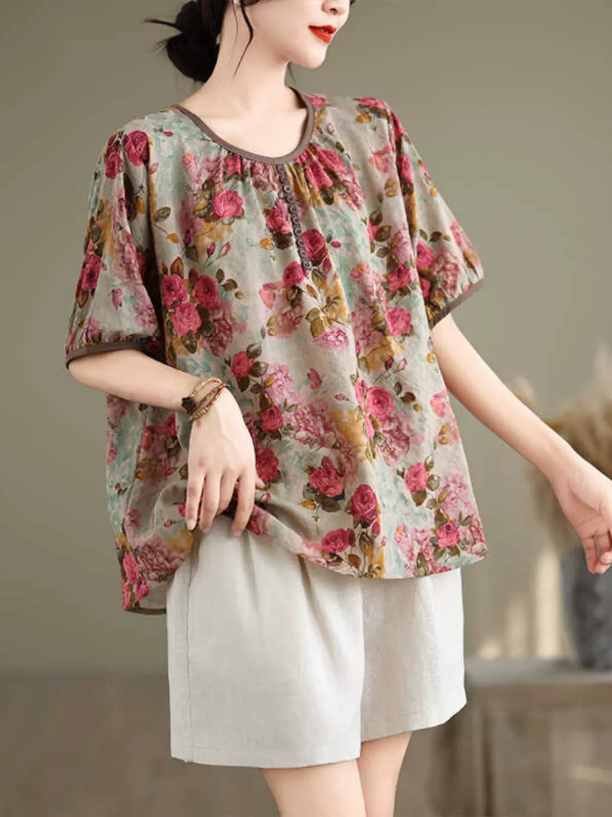 Women Floral Printed Ruffled Cotton Linen Blouses