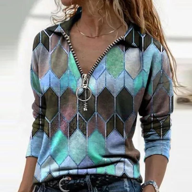 Women  Geometric Long Sleeve  V-Neck Casual Sweat Shirts freeshipping - Tyche Ace