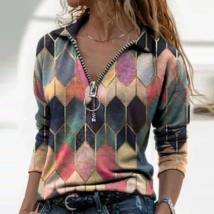 Women  Geometric Long Sleeve  V-Neck Casual Sweat Shirts freeshipping - Tyche Ace