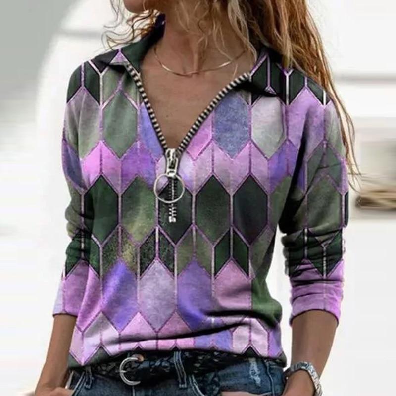 Women  Geometric Long Sleeve  V-Neck Casual Sweat Shirts freeshipping - Tyche Ace