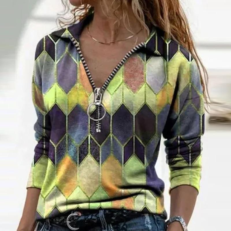 Women  Geometric Long Sleeve  V-Neck Casual Sweat Shirts freeshipping - Tyche Ace