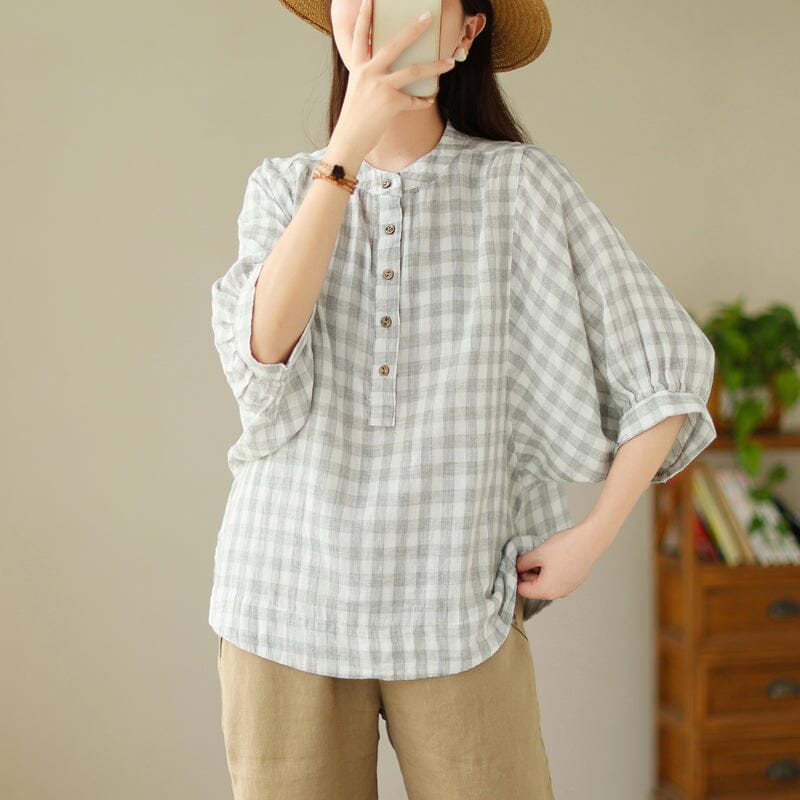 Women Loose Casual Summer Plaid Blouse