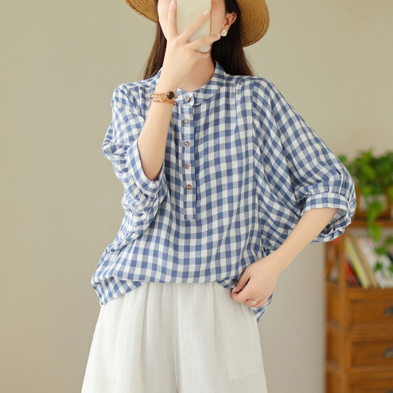 Women Loose Casual Summer Plaid Blouse