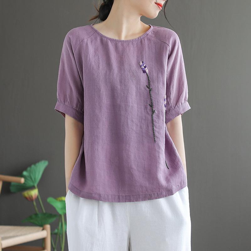 Women Loose Ethnic  Cotton Linen T-Shirt